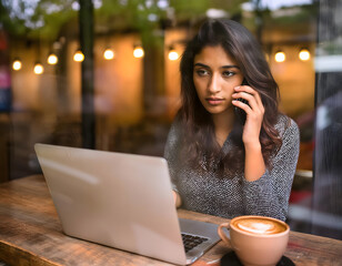 A woman is sitting at a table with a laptop and a cell phone