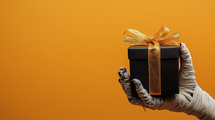 mummy hand holding gift. halloween banner. discounts and coupons