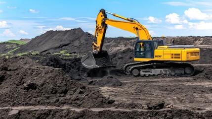 Obraz premium A powerful excavator moves mounds of dark soil at a busy construction site, showcasing heavy machinery in action against a vibrant backdrop of clouds and earth