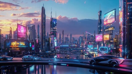 Naklejka premium Futuristic smart city skyline at dusk with advanced architecture, autonomous vehicles, and digital billboards, showcasing a vision of advanced urban living.