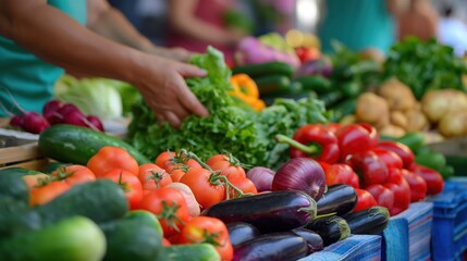 Busy farmers market with stalls full of fresh produce, vibrant colors of fruits and vegetables, people browsing and buying, sense of community and healthy living, outdoor setting