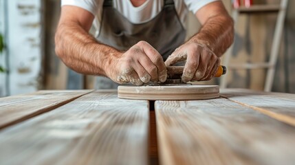 Obraz premium Carpenter sanding a wooden table to smooth out imperfections, preparing the surface for staining and finishing to enhance its appearance and durability