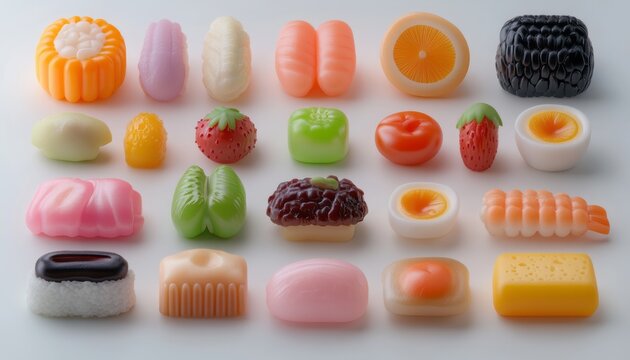 Colorful assortment of realistic candy shaped like sushi and fruit on a white background