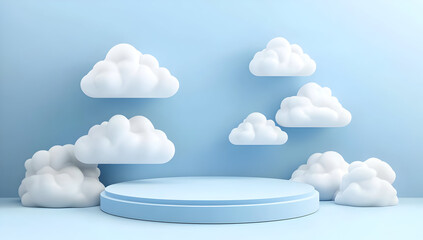 A serene blue backdrop featuring fluffy clouds and a circular platform, perfect for creating dreamy visuals.