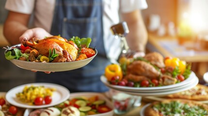 A chef serves a colorful plate of roasted chicken and vegetables, surrounded by an array of dishes in a warm and inviting kitchen setting
