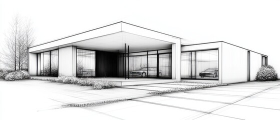 Modern architectural sketch of a clean-lined residential building with garage