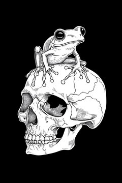 White skull on a black background with a frog sitting on it. Minimalistic style.
