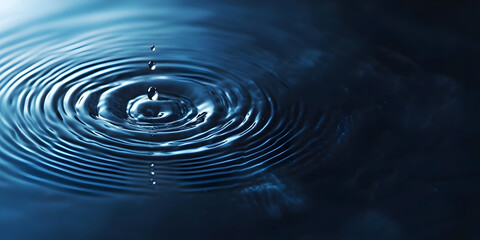 A serene image of a water droplet creating ripples in dark blue water, evoking tranquility and calmness.