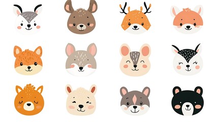Different cartoon animal faces on a white background