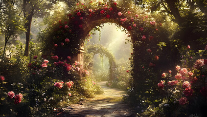 A serene garden pathway adorned with blooming roses, creating a peaceful atmosphere and inviting exploration under soft morning light.