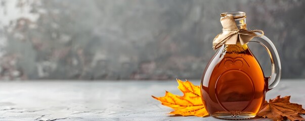 Organic Maple Syrup in Glass Bottle on Wooden Background