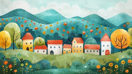 Watercolor illustration of a quaint village nestled amongst hills and flowers.