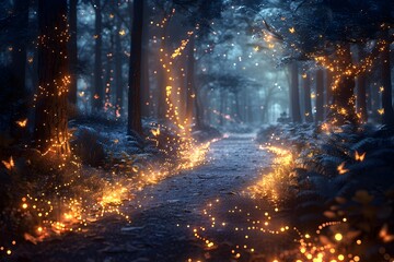 Fototapeta premium Magical Enchanted Forest Illuminated by Sparkling Fireflies in Ethereal Fantasy Landscape