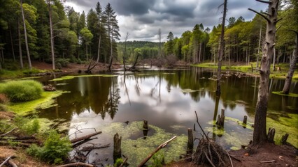 Tranquil Forest Pond with Fallen Trees and Reflections