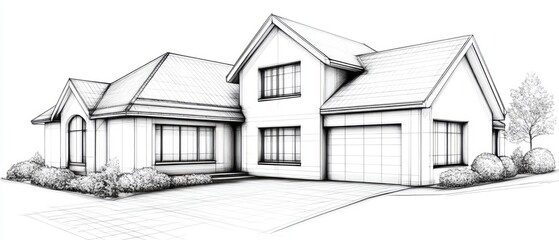 Architectural sketch of a modern house with a garage and landscaped yard