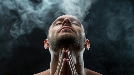 A man meditates with his hands pressed together in prayer, eyes closed, as swirling smoke envelops him, creating a calm and introspective ambiance
