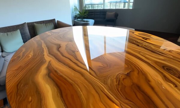 Wooden table coated with glossy, shiny epoxy resin. Interior Generative AI