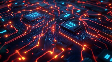 A close-up view of a circuit board with glowing pathways and microchips.