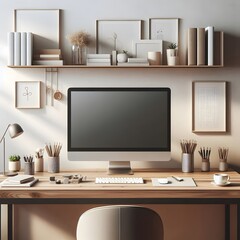 A front view of a modern office desk.
