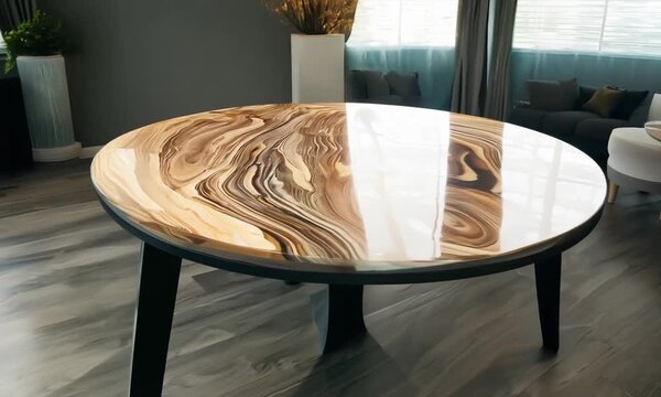 Wooden table coated with glossy, shiny epoxy resin. Interior Generative AI