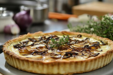 Goat cheese tart with caramelized onions freshly baked and served in a stylish modern kitchen setting 