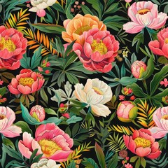 Fototapeta premium Vibrant floral pattern featuring colorful peonies and lush greenery, ideal for decorations and textile designs.