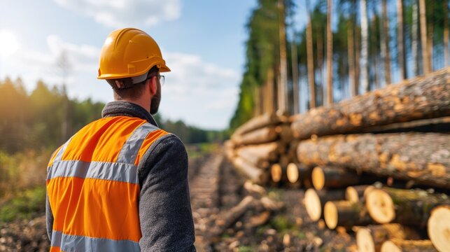 A forest worker wearing an orange helmet and reflective vest examines timber logs stacked near a wooded trail under a bright sky - Powered by Adobe