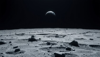 gray cratered moon expanse with rocky debris earth appearing far away as a distant blue sphere intricate shadows and highlights on the moon s surface against the dark cosmos