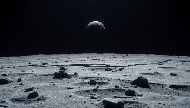 gray cratered moon expanse with rocky debris earth appearing far away as a distant blue sphere intricate shadows and highlights on the moon s surface against the dark cosmos
