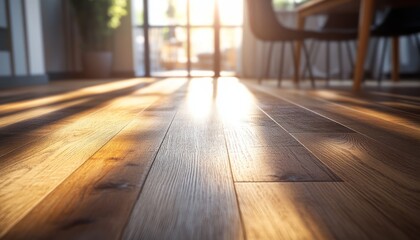 Warm sunlight illuminating wooden floor in modern home during late afternoon
