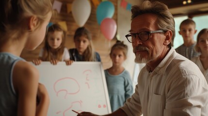 Teacher in a classroom engaging with students, explaining lesson on whiteboard, diverse group of children, educational materials and colorful decorations around