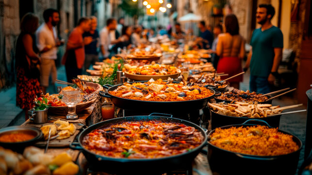 Fototapeta Traditional street food feast during a vibrant outdoor festival celebration.