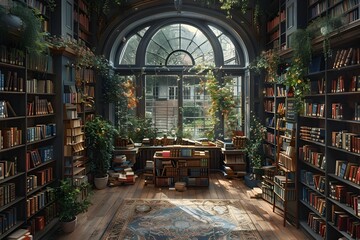 Fototapeta premium Charming Cozy Bookstore with Bookshelves and Reading Nooks