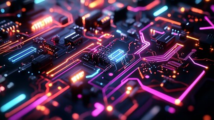 A close-up view of a futuristic circuit board with glowing pathways and electronic components.
