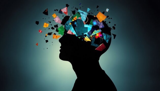 a dark silhouette of a head with an open mind fragmented pieces of colorful light and abstract shapes emerging depicting complex thoughts and subconscious wonders 