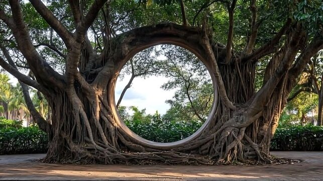 A large tree trunk has grown into a circular shape, creating a natural frame for a view of the sky and surrounding trees.