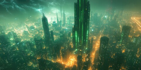 Futuristic Cityscape with Tall Buildings and Green Lights