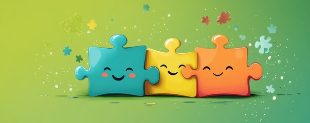 Naklejka premium Smiling cartoon data integration puzzle pieces connecting on lime green background