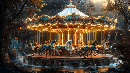 Illuminated Fairytale Carousel in Autumnal Forest at Dusk
