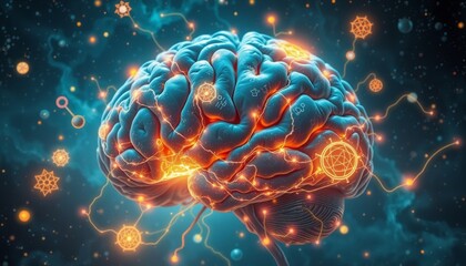 Fototapeta premium vivid representation of a brain with luminous interconnected threads and floating symbols cosmic background enhances the surreal and mysterious nature of subconscious thought