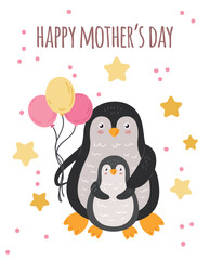 Happy mother day card. Cute penguin family