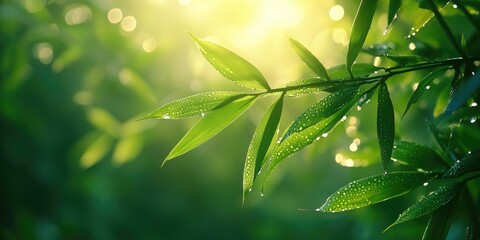 Dew-Covered Green Leaves Illuminated by Sunlight