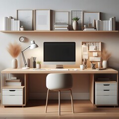 front view of a modern office desk in a clean, minimalist workspace. The desk should have a sleek wooden surface with a computer monitor
