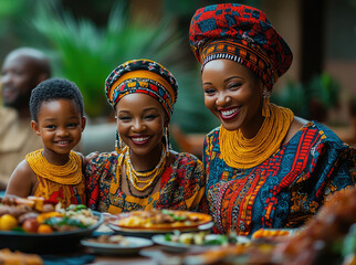 Happy african family celebrates their heritage with a festive meal, dressed in colorful traditional clothing, showcasing their culture with pride and unity