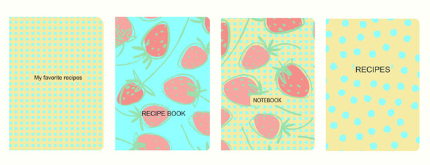 Cover page vector templates for recipes books with hand drawn strawberries. Cookery books cover layout. Based on seamless patterns. Headers isolated and replaceable