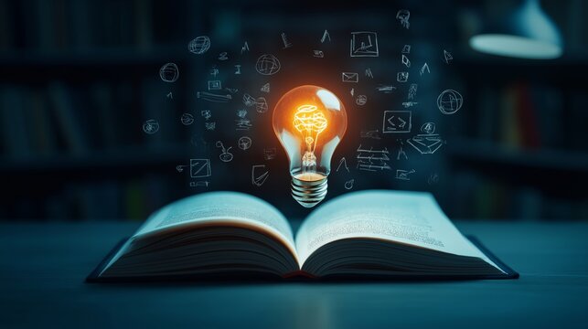 Open book with a glowing lightbulb hovering above symbolizing knowledge, creativity and innovation. Conceptual representation of learning and ideas.