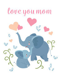 Love mom card with baby elephant and mother animal