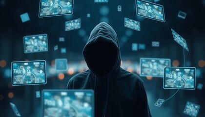faceless figure in a black hoodie encircled by floating screens and tech devices with a dark blurred background emphasizing secure digital practices