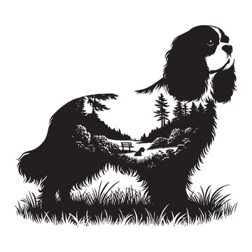 recommend clip art: silhouette of Cavalier Spaniel, filled with nature view in rough drawing,