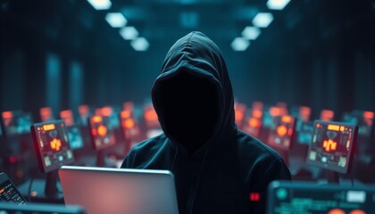 black hoodie figure with no visible face surrounded by glowing tech devices with a dark blurred background enhancing themes of secure cyber practices